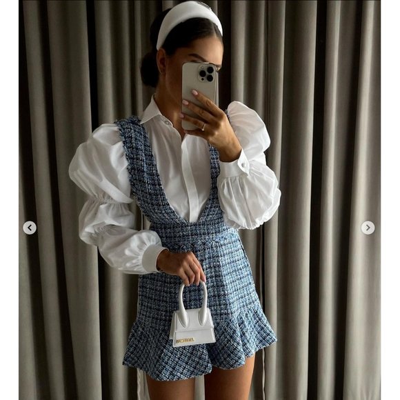 Zara Dresses & Skirts - SOLD ZARA NEW WOMAN SS22 TEXTURED TWEED PINAFORE SKIRT Dress Medium  BLUE